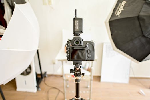 A DSLR camera setup in a professional indoor photography studio with lighting equipment.